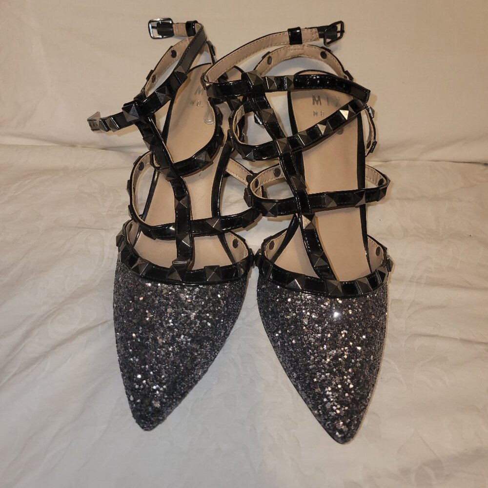 Studded Pointed Toe Sparkly Silver Heels